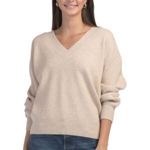 525 America XS-S Luxe Oversized Wheat Light Brown V-Neck Balloon Sleeve Sweater